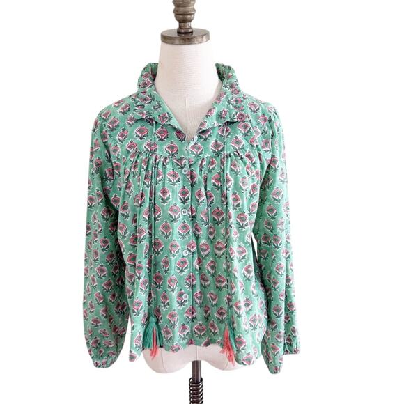 Marea Green & Pink Floral Print Blouse Small 100% Cotton Button Up Bubble Sleeve - Picture 1 of 9